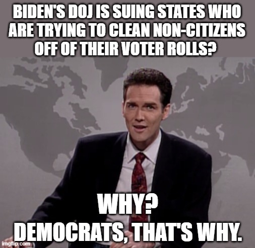 Another attempt, by the Democrats, to "destroy our democracy". | BIDEN'S DOJ IS SUING STATES WHO
ARE TRYING TO CLEAN NON-CITIZENS
OFF OF THEIR VOTER ROLLS? WHY? DEMOCRATS, THAT'S WHY. | image tagged in democrats are corrupt | made w/ Imgflip meme maker