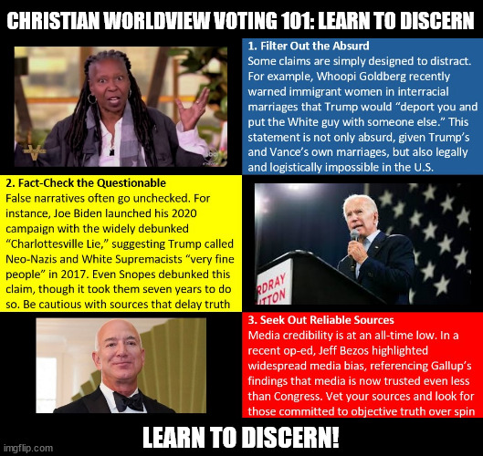 Learn to Discern | CHRISTIAN WORLDVIEW VOTING 101: LEARN TO DISCERN; LEARN TO DISCERN! | image tagged in voting,biased media,truth,donald trump | made w/ Imgflip meme maker