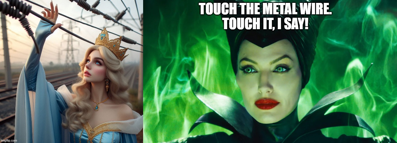 If Maleficent were smarter.... | TOUCH THE METAL WIRE.
TOUCH IT, I SAY! | image tagged in princess aurora,sleeping beauty,disney,maleficent,electric,wire | made w/ Imgflip meme maker