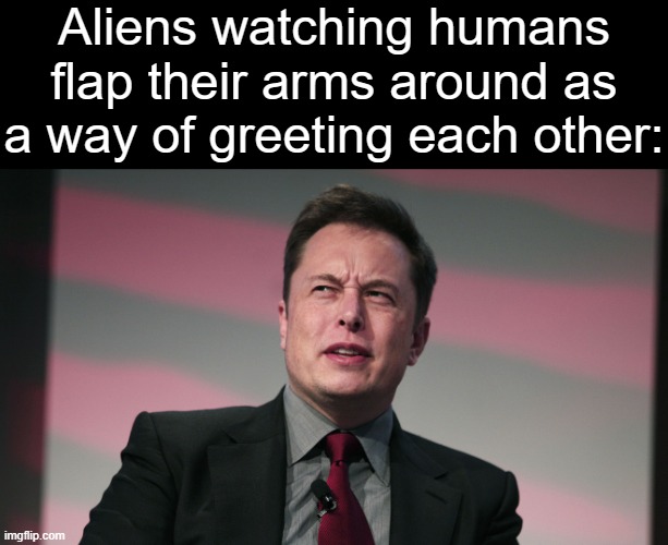 I mean once you think about it, it is kind of weird. | Aliens watching humans flap their arms around as a way of greeting each other: | image tagged in confused elon musk | made w/ Imgflip meme maker