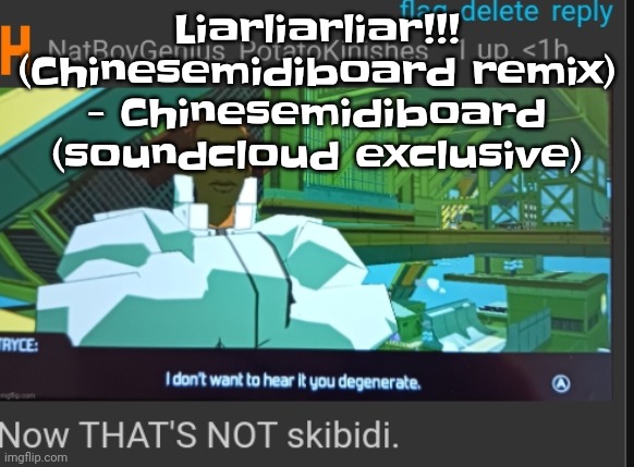Now that's NOT skibidi | Liarliarliar!!! (Chinesemidiboard remix) - Chinesemidiboard (soundcloud exclusive) | image tagged in now that's not skibidi | made w/ Imgflip meme maker