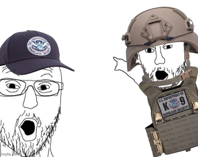 Two DHS members pointing | image tagged in two soyjacks pointing | made w/ Imgflip meme maker