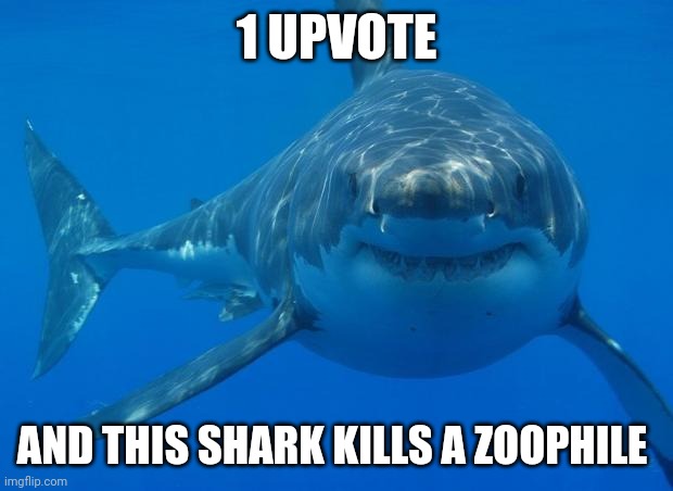 Straight White Shark | 1 UPVOTE; AND THIS SHARK KILLS A ZOOPHILE | image tagged in straight white shark | made w/ Imgflip meme maker