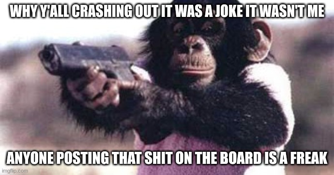 monkey crashout | WHY Y'ALL CRASHING OUT IT WAS A JOKE IT WASN'T ME; ANYONE POSTING THAT SHIT ON THE BOARD IS A FREAK | image tagged in monkey crashout | made w/ Imgflip meme maker