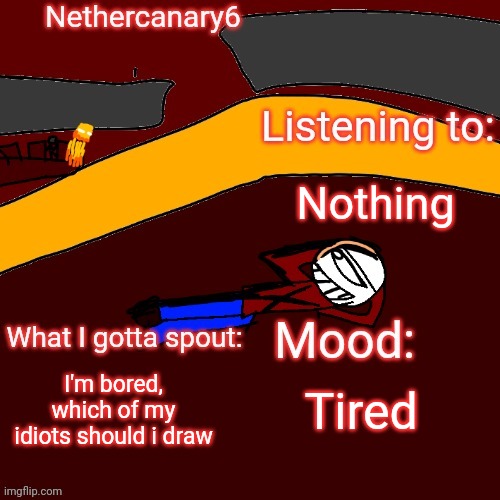 honk mimimimi | Nothing; I'm bored, which of my idiots should i draw; Tired | image tagged in nethercanary6 announcement template | made w/ Imgflip meme maker