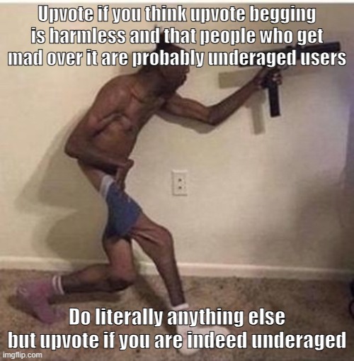 Bro | Upvote if you think upvote begging is harmless and that people who get mad over it are probably underaged users; Do literally anything else but upvote if you are indeed underaged | image tagged in bro | made w/ Imgflip meme maker