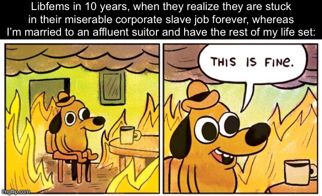 Linden moment | Libfems in 10 years, when they realize they are stuck in their miserable corporate slave job forever, whereas I’m married to an affluent suitor and have the rest of my life set: | image tagged in memes,this is fine,repeal the nineteenth,women,marriage,memery | made w/ Imgflip meme maker