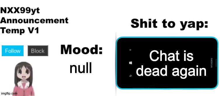 NXX99yt Announcement Temp V1 | Chat is dead again; null | image tagged in nxx99yt announcement temp v1 | made w/ Imgflip meme maker