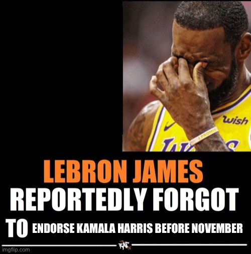 Lebron James Reportedly forgot to | ENDORSE KAMALA HARRIS BEFORE NOVEMBER | image tagged in lebron james reportedly forgot to | made w/ Imgflip meme maker