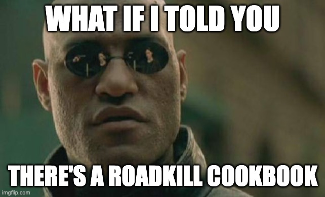 And it's not even a joke. | WHAT IF I TOLD YOU; THERE'S A ROADKILL COOKBOOK | image tagged in memes,matrix morpheus | made w/ Imgflip meme maker