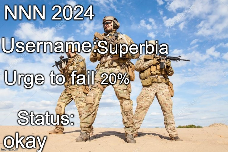 NNN 2024 progress report | Superbia; 20%; okay | image tagged in nnn 2024 progress report | made w/ Imgflip meme maker