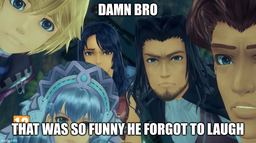 damn bro you got the whole squad laughing (xenoblade edition) | DAMN BRO THAT WAS SO FUNNY HE FORGOT TO LAUGH | image tagged in damn bro you got the whole squad laughing xenoblade edition | made w/ Imgflip meme maker