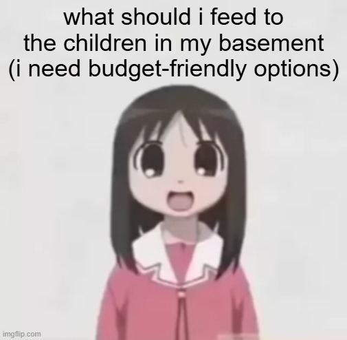 they need food so they can continue doing my homework for me | what should i feed to the children in my basement (i need budget-friendly options) | image tagged in osaka is scary uncropped | made w/ Imgflip meme maker