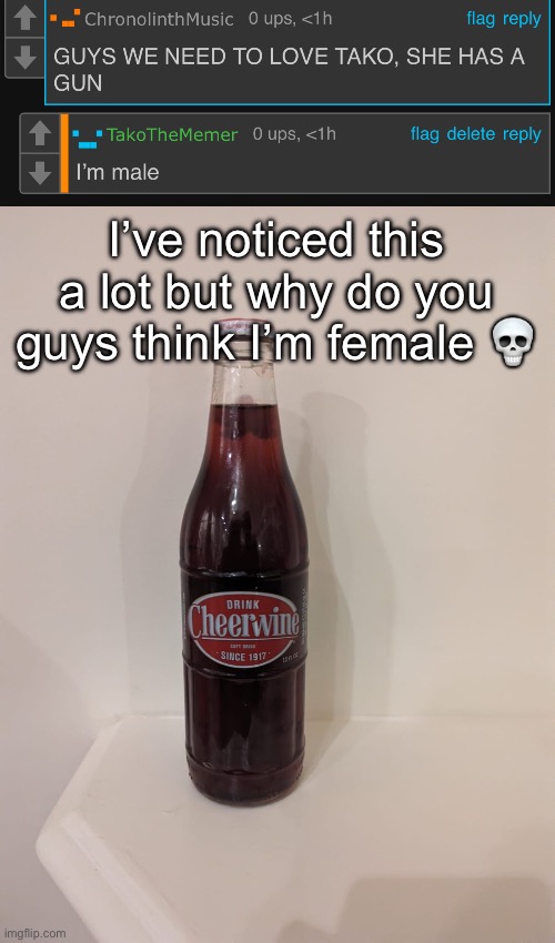 I’ve noticed this a lot but why do you guys think I’m female 💀 | image tagged in cheerwine | made w/ Imgflip meme maker