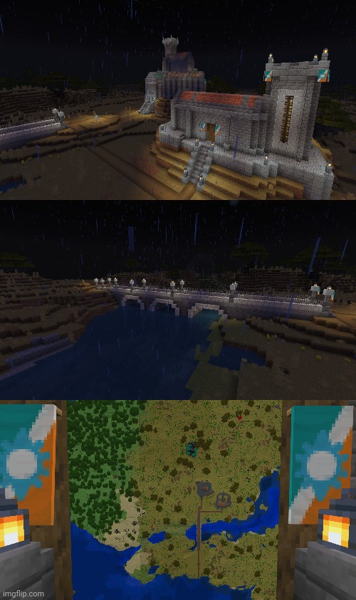 Image with both the fort and castle completed, also built a bridge as well | image tagged in minecraft | made w/ Imgflip meme maker