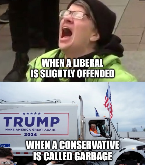 Be offended - or use it against them | WHEN A LIBERAL IS SLIGHTLY OFFENDED; WHEN A CONSERVATIVE IS CALLED GARBAGE | image tagged in screaming liberal | made w/ Imgflip meme maker