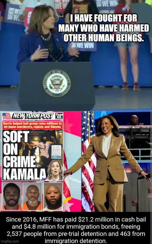 Criminals For Harris | I HAVE FOUGHT FOR MANY WHO HAVE HARMED OTHER HUMAN BEINGS. | image tagged in criminals,illegal aliens,murderer,kamala harris,rally,presidential race | made w/ Imgflip meme maker