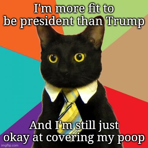 Caturday truth | I'm more fit to be president than Trump; And I'm still just okay at covering my poop | image tagged in memes,business cat,donald trump the clown,dump trump,fuck donald trump | made w/ Imgflip meme maker