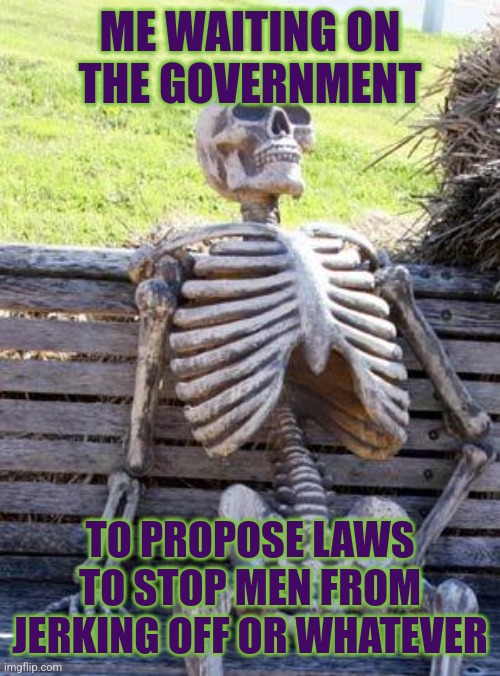 I have my disapproving head shake ready for you he-harlots | ME WAITING ON THE GOVERNMENT; TO PROPOSE LAWS TO STOP MEN FROM JERKING OFF OR WHATEVER | image tagged in memes,waiting skeleton,women's rights | made w/ Imgflip meme maker