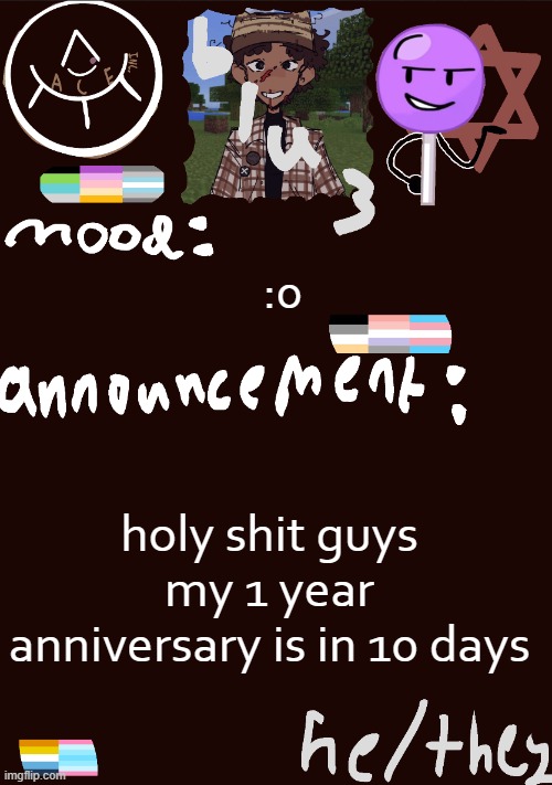 :0 | :0; holy shit guys my 1 year anniversary is in 10 days | image tagged in blu3 s gnarly sick temp | made w/ Imgflip meme maker