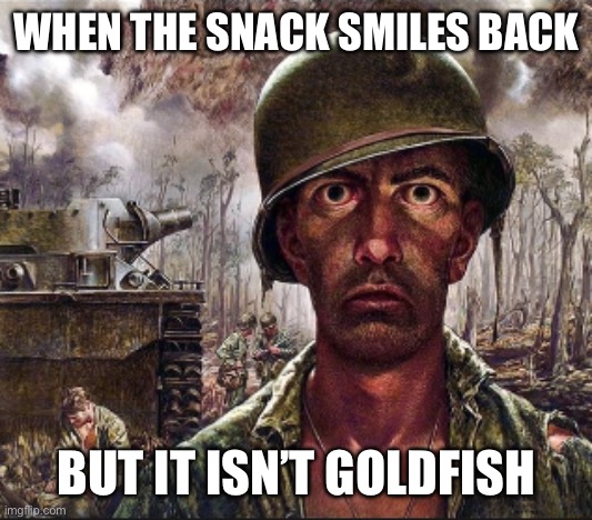 Snack | WHEN THE SNACK SMILES BACK; BUT IT ISN’T GOLDFISH | image tagged in ptsd,goldfish,1000 yard stare,military,war | made w/ Imgflip meme maker