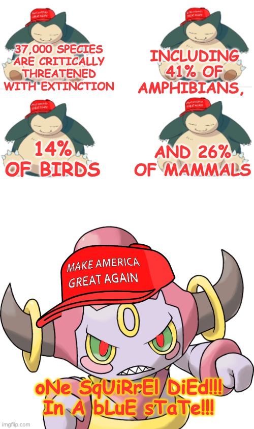 Can someone please explain to them what "26% of mammals" means?! | INCLUDING 41% OF AMPHIBIANS, 37,000 SPECIES ARE CRITICALLY THREATENED WITH EXTINCTION; AND 26% OF MAMMALS; 14% OF BIRDS; oNe SqUiRrEl DiEd!!!
In A bLuE sTaTe!!! | image tagged in angry hoopa,republicans,gop,crazy,i sleep real shit,animals | made w/ Imgflip meme maker