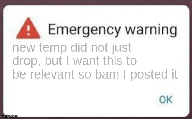 Emergency Warning | new temp did not just drop, but I want this to be relevant so bam I posted it | image tagged in emergency warning | made w/ Imgflip meme maker