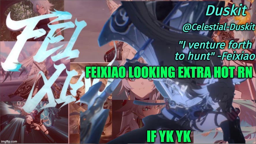 Aaaaaah | FEIXIAO LOOKING EXTRA HOT RN; IF YK YK | image tagged in duskit's feixiao template | made w/ Imgflip meme maker