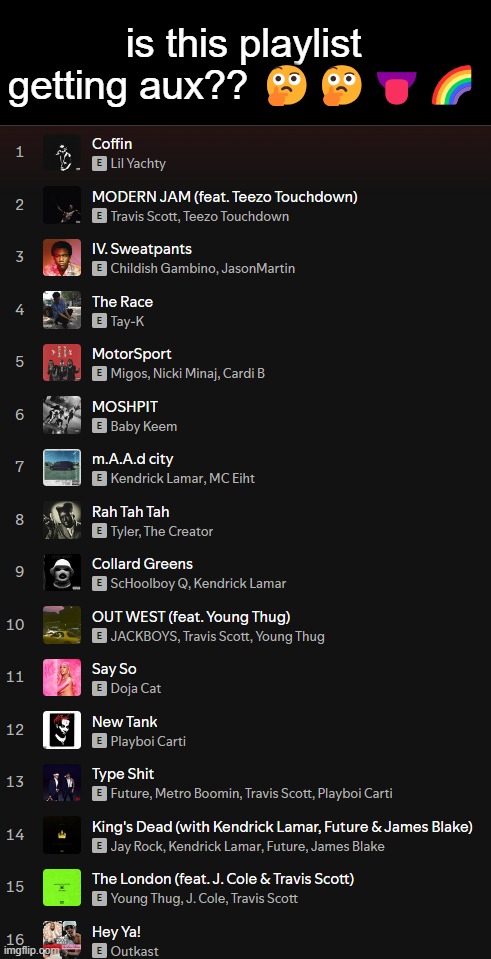 is this playlist getting aux?? 🤔🤔👅🌈 | made w/ Imgflip meme maker
