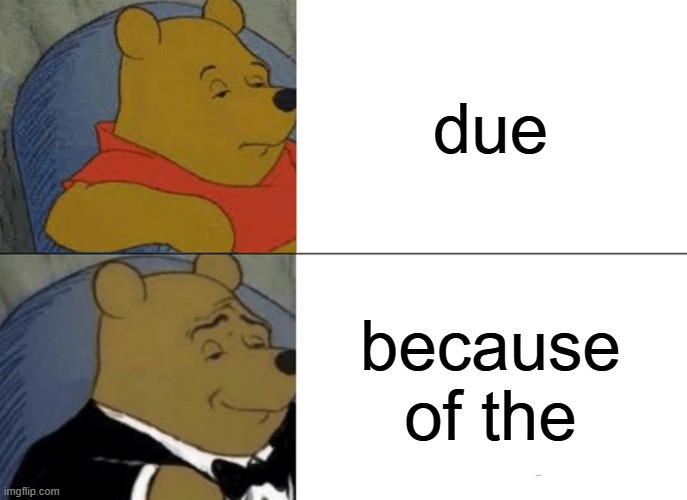 lol | due; because of the | image tagged in memes,tuxedo winnie the pooh | made w/ Imgflip meme maker