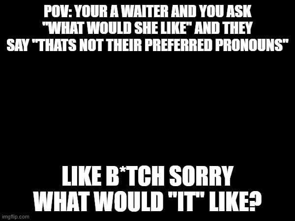 POV: YOUR A WAITER AND YOU ASK "WHAT WOULD SHE LIKE" AND THEY SAY "THATS NOT THEIR PREFERRED PRONOUNS"; LIKE B*TCH SORRY WHAT WOULD "IT" LIKE? | made w/ Imgflip meme maker