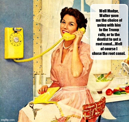 WOMEN--Saying 'HELL NO" to Donald Trump...Whether He Likes It Or Not... | Well Madge, Walter gave me the choice of going with him to the Trump rally, or to the dentist to get a root canal....Well of course I chose the root canal. | image tagged in donald trump memes,donald trump the clown,donald trump is an idiot,political humor | made w/ Imgflip meme maker