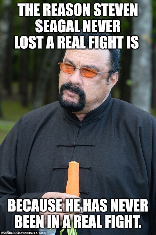 Steven seagal meme | THE REASON STEVEN SEAGAL NEVER LOST A REAL FIGHT IS; BECAUSE HE HAS NEVER BEEN IN A REAL FIGHT. | image tagged in steven segal | made w/ Imgflip meme maker