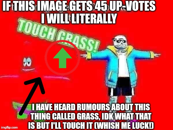 If this meme gets 150 upvotes I will literally TOUCH GRASS | IF THIS IMAGE GETS 45 UP-VOTES
I WILL LITERALLY; I HAVE HEARD RUMOURS ABOUT THIS THING CALLED GRASS, IDK WHAT THAT IS BUT I'LL TOUCH IT (WHISH ME LUCK!) | image tagged in if this meme gets 150 upvotes i will literally touch grass,help me,funny memes,gaming,upvotes | made w/ Imgflip meme maker