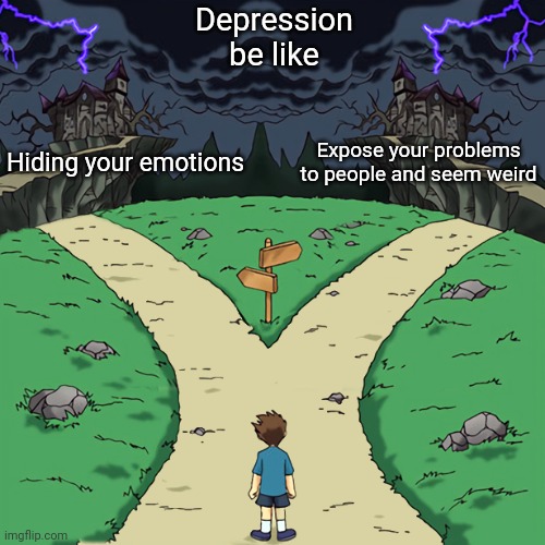 Two paths | Depression be like; Hiding your emotions; Expose your problems to people and seem weird | image tagged in two paths | made w/ Imgflip meme maker