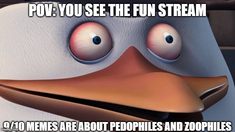 insanity | POV: YOU SEE THE FUN STREAM; 9/10 MEMES ARE ABOUT PEDOPHILES AND ZOOPHILES | image tagged in penguins of madagascar skipper red eyes | made w/ Imgflip meme maker