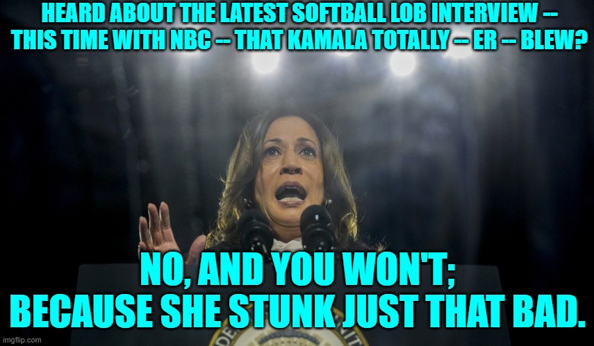 Apparently it was really, REALLY bad. | HEARD ABOUT THE LATEST SOFTBALL LOB INTERVIEW -- THIS TIME WITH NBC -- THAT KAMALA TOTALLY -- ER -- BLEW? NO, AND YOU WON'T; BECAUSE SHE STUNK JUST THAT BAD. | image tagged in yep | made w/ Imgflip meme maker