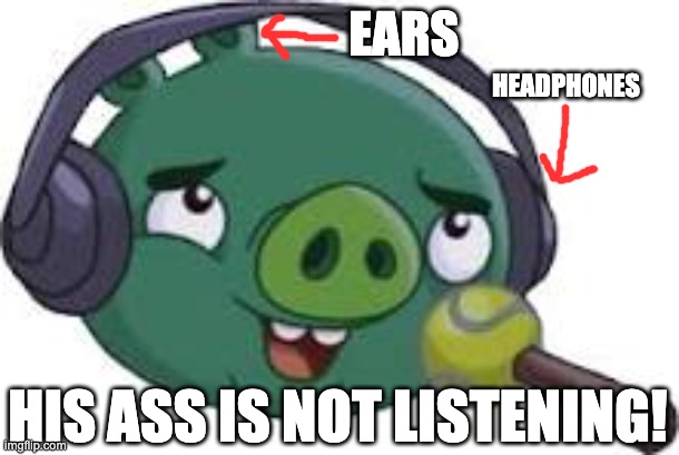 Relatable? | HEADPHONES; EARS; HIS ASS IS NOT LISTENING! | image tagged in angry birds pig wearing headphones,memes,funny,angry birds,arthur headphones,oh wow are you actually reading these tags | made w/ Imgflip meme maker