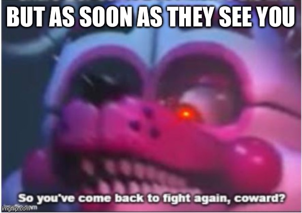 Funtime Foxy so you've come back to fight again coward? | BUT AS SOON AS THEY SEE YOU | image tagged in funtime foxy so you've come back to fight again coward | made w/ Imgflip meme maker