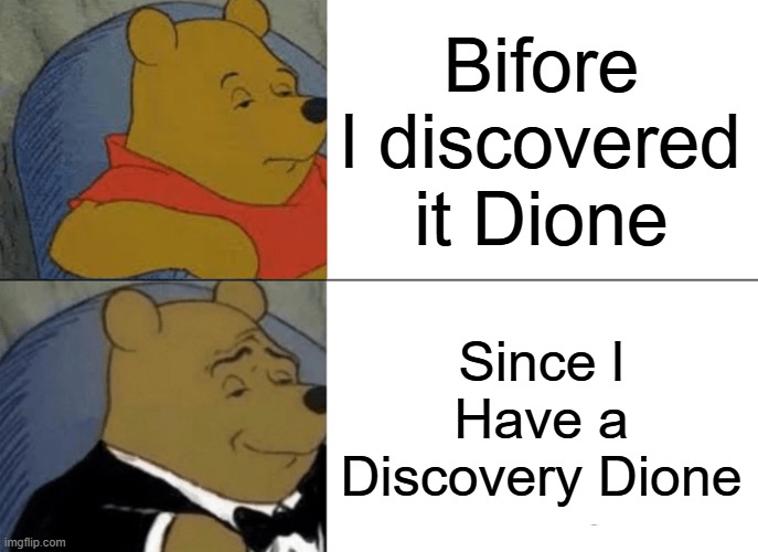 Tuxedo Winnie The Pooh | Bifore l discovered it Dione; Since l Have a Discovery Dione | image tagged in memes,tuxedo winnie the pooh | made w/ Imgflip meme maker