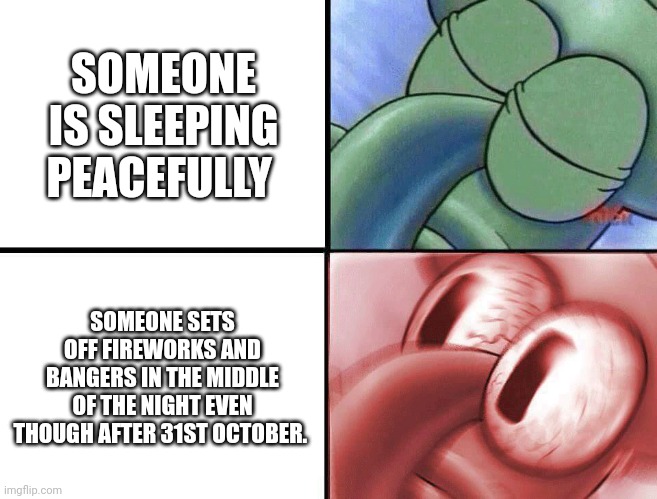 sleeping Squidward | SOMEONE IS SLEEPING PEACEFULLY; SOMEONE SETS OFF FIREWORKS AND BANGERS IN THE MIDDLE OF THE NIGHT EVEN THOUGH AFTER 31ST OCTOBER. | image tagged in sleeping squidward | made w/ Imgflip meme maker