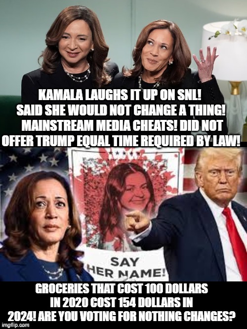 Nothing changes and the cheating of mainstream media! | KAMALA LAUGHS IT UP ON SNL!  SAID SHE WOULD NOT CHANGE A THING!  MAINSTREAM MEDIA CHEATS! DID NOT OFFER TRUMP EQUAL TIME REQUIRED BY LAW! GROCERIES THAT COST 100 DOLLARS IN 2020 COST 154 DOLLARS IN 2024! ARE YOU VOTING FOR NOTHING CHANGES? | image tagged in fake news,sam elliott special kind of stupid | made w/ Imgflip meme maker