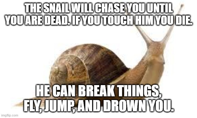 The snail will kill you. | THE SNAIL WILL CHASE YOU UNTIL YOU ARE DEAD. IF YOU TOUCH HIM YOU DIE. HE CAN BREAK THINGS, FLY, JUMP, AND DROWN YOU. | image tagged in snail,death,slow,fly,jump,break | made w/ Imgflip meme maker