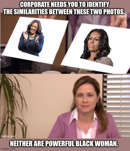 Similarities | CORPORATE NEEDS YOU TO IDENTIFY THE SIMILARITIES BETWEEN THESE TWO PHOTOS. NEITHER ARE POWERFUL BLACK WOMAN. | image tagged in kamala harris,michelle obama blank sheet | made w/ Imgflip meme maker