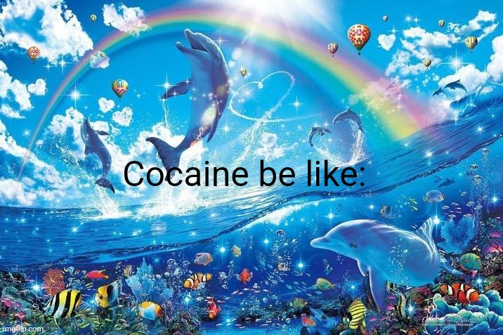 Happy dolphin rainbow | Cocaine be like: | image tagged in happy dolphin rainbow | made w/ Imgflip meme maker