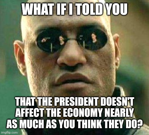 What if i told you | WHAT IF I TOLD YOU; THAT THE PRESIDENT DOESN'T AFFECT THE ECONOMY NEARLY AS MUCH AS YOU THINK THEY DO? | image tagged in what if i told you,president,economics,economy,inflation,they took our jobs | made w/ Imgflip meme maker