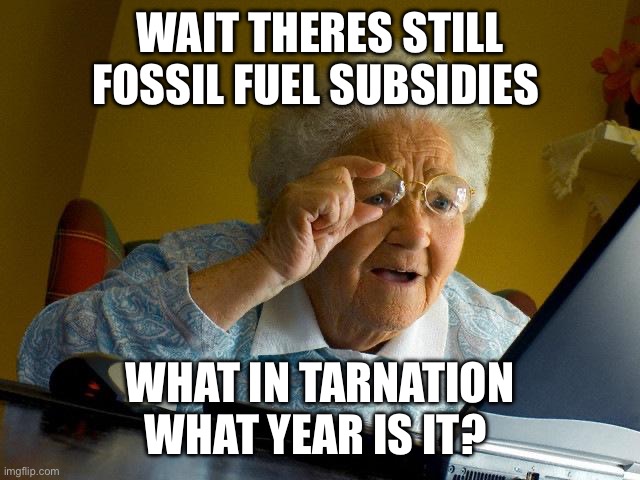 Grandma Finds The Internet Meme | WAIT THERES STILL FOSSIL FUEL SUBSIDIES; WHAT IN TARNATION WHAT YEAR IS IT? | image tagged in memes,grandma finds the internet | made w/ Imgflip meme maker