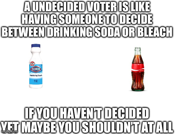 A UNDECIDED VOTER IS LIKE HAVING SOMEONE TO DECIDE BETWEEN DRINKING SODA OR BLEACH; IF YOU HAVEN’T DECIDED YET MAYBE YOU SHOULDN’T AT ALL | made w/ Imgflip meme maker