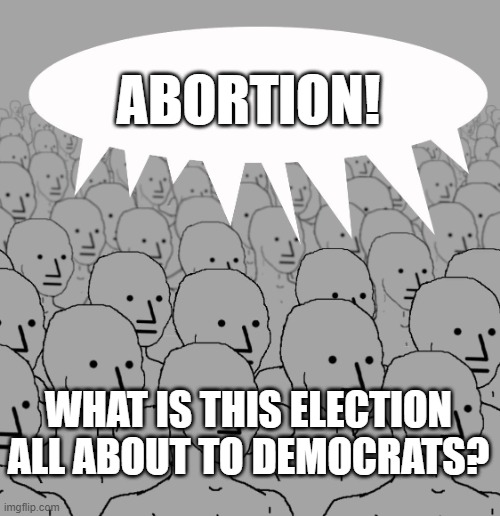 npc-crowd | ABORTION! WHAT IS THIS ELECTION ALL ABOUT TO DEMOCRATS? | image tagged in npc-crowd | made w/ Imgflip meme maker