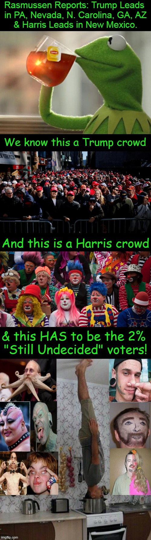 NO Respect for the 2% UNDECIDED in Election 2024! PICK a SIDE! | Rasmussen Reports: Trump Leads 
in PA, Nevada, N. Carolina, GA, AZ
& Harris Leads in New Mexico. We know this a Trump crowd; And this is a Harris crowd; & this HAS to be the 2% 
"Still Undecided" voters! | image tagged in trump supporters,democrats today,strange people,dumb people,know the difference,political humor | made w/ Imgflip meme maker